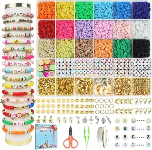 

5100 Clay Beads Bracelet Making Kit, Flat Preppy Beads for Friendship Jewelry Making,Polymer Heishi Beads with Charms Gifts for
