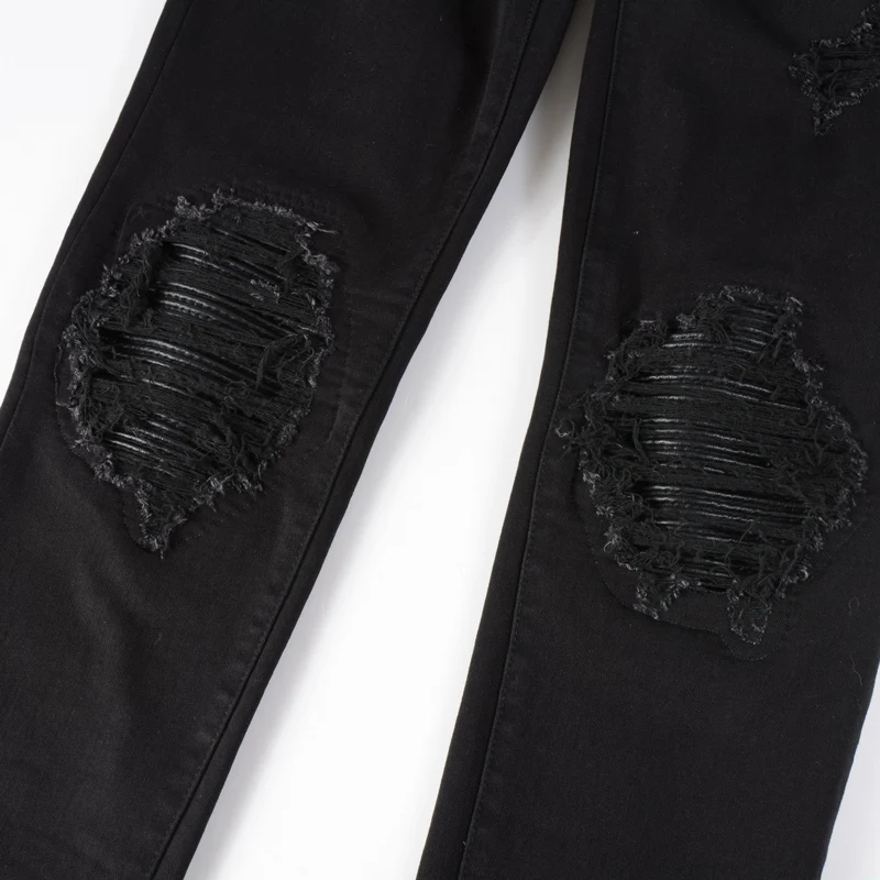 Y2KFashionable new black jeans with perforated patches washed nostalgic stretch slim fit jeans high street hip-hop brand pants