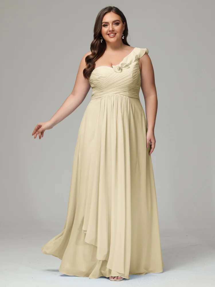 

Plus Size Bridesmaid Dresses One Shoulder With Flowing Drape A Line Chic Pleated Chiffon Maid Of Honor Gowns For Wedding
