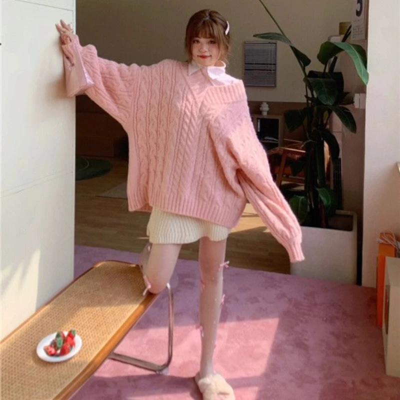 Pullovers Women Solid V-neck Loose Female Chic Soft Korean Style Casual Warm Lovely Trendy Tender Knitted All-match Sweaters New