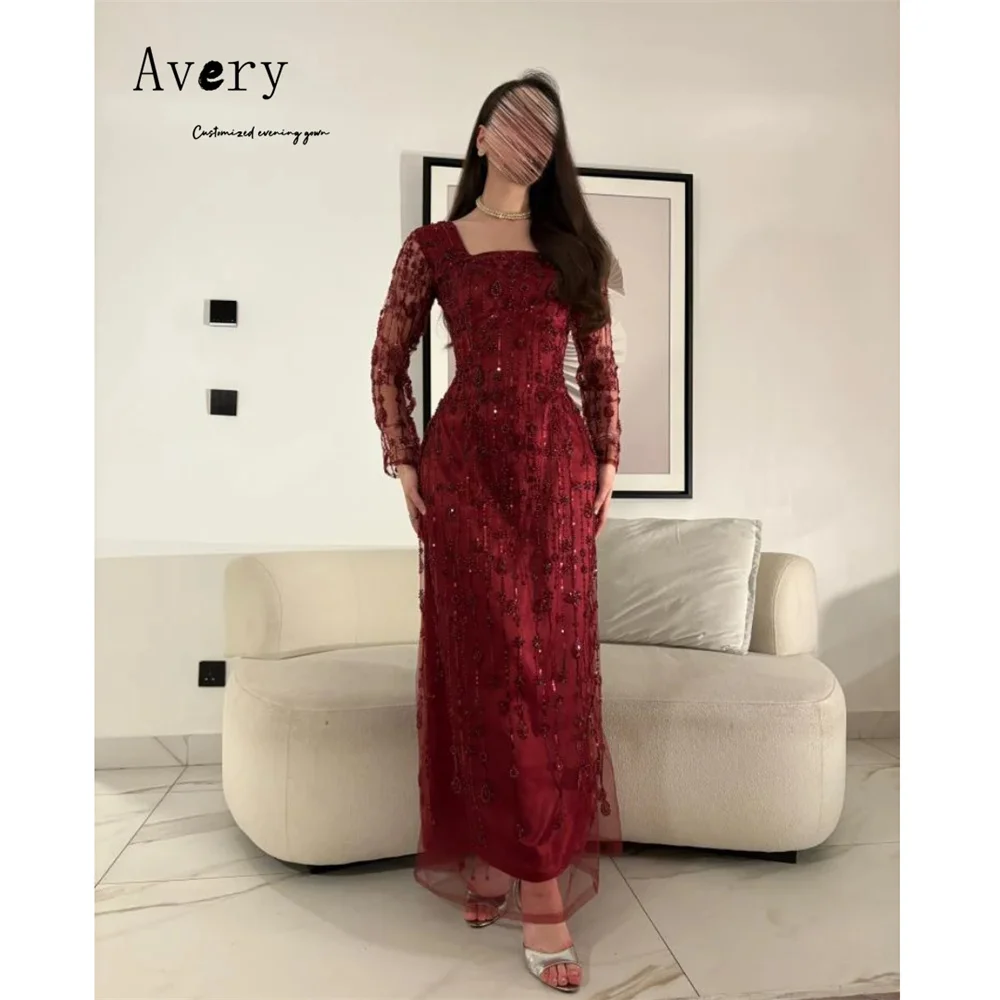 Avery Customized Red Fishtail Long Sleeve Square Neck Elegant Evening Dresses for Woman Luxury Elegant Party Dresses 2025 Dress