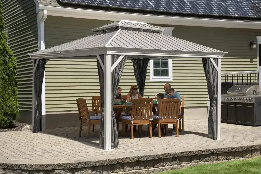 Outdoor 12' x 12' Monaco Hardtop Double Roof Gazebo Outdoor Sun Shelter, Champagne