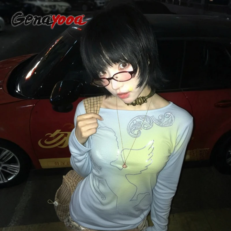 

Футболка Genayooa в стиле Y2K, женская, с длинным рукавом, с принтом тай-дай, графический топ, в японском стиле 2000-х, гранж, фейрикор, для E-girls