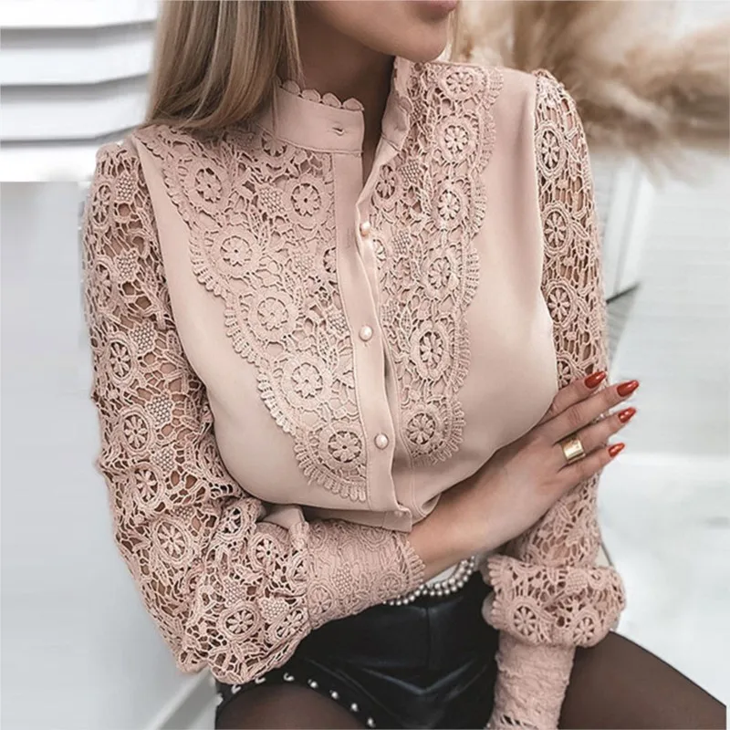 Elegant Women\'s Spring And Autumn Fashion White Lace Long Sleeve V-Neck Lace Hollow Out Shirt Women\'s Fashion Polo Office Shirt