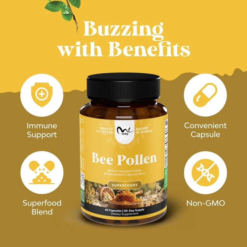 Supplément de pollen d'abeille, capsules de pollen d'abeille pur, contient des vitamines B naturelles, des minéraux, des enzymes, 1000 milligrammes