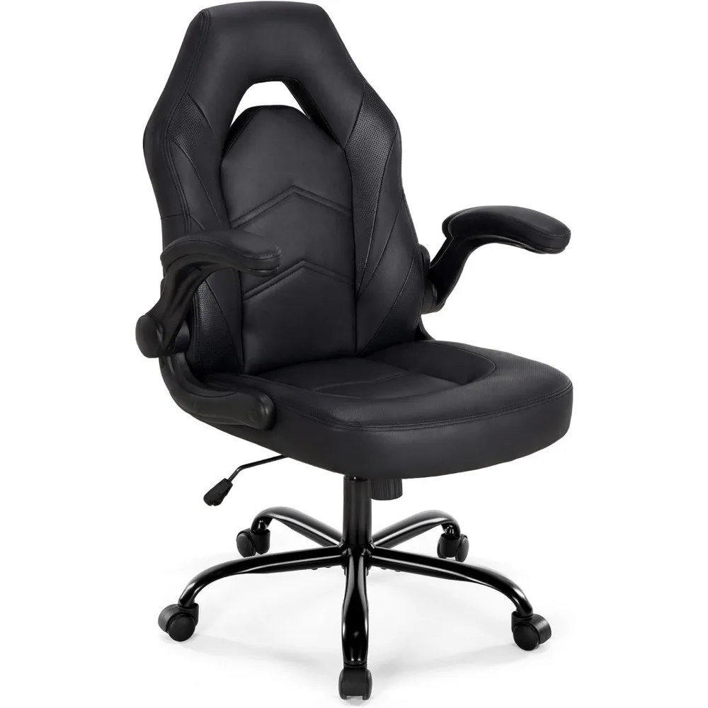 Ergonomic Gaming Chair for Home Office PU Leather Lumbar Support Height Adjustable Flip Armrest Swivel Wheels Black