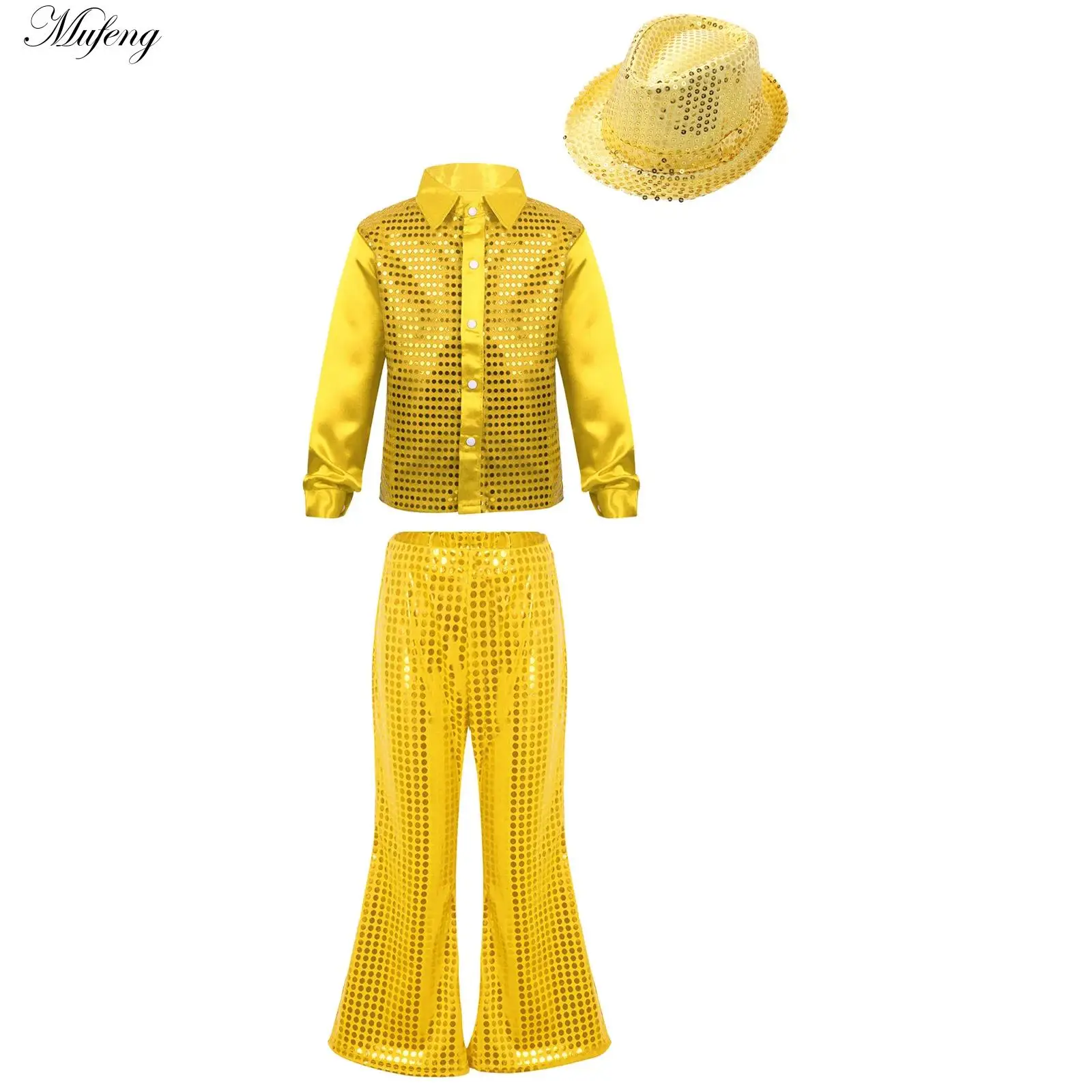 Kids Boys Girl Jazz Dance Stage Performance Outfit Sequined Waistcoat Shirt with Hat Flared Pants Outfits Hip-hop Dancewear