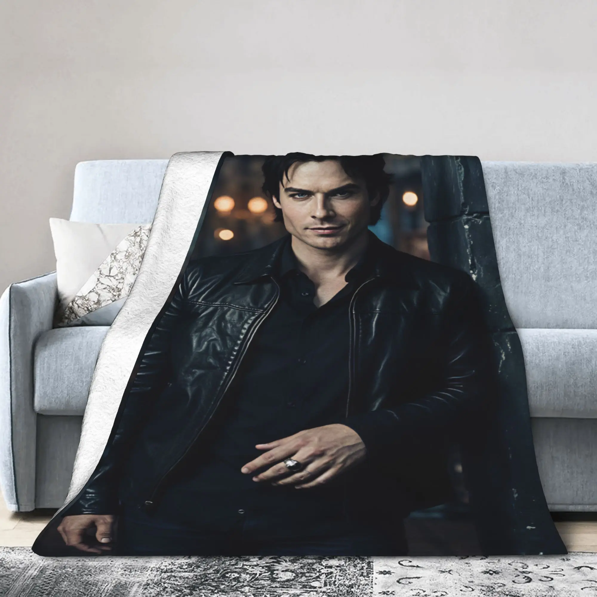 Damon Salvatore Night Leather Portrait Bedding Throws Graphic Blankets  For Home Decor Travel Flannel Bedspread Bed Cover