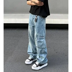 OIMG Y2K Fashion Multi Pockets Washed Blue Baggy Jeans Cargo Pants For Men Vintage Clothes Straight New Denim Trousers