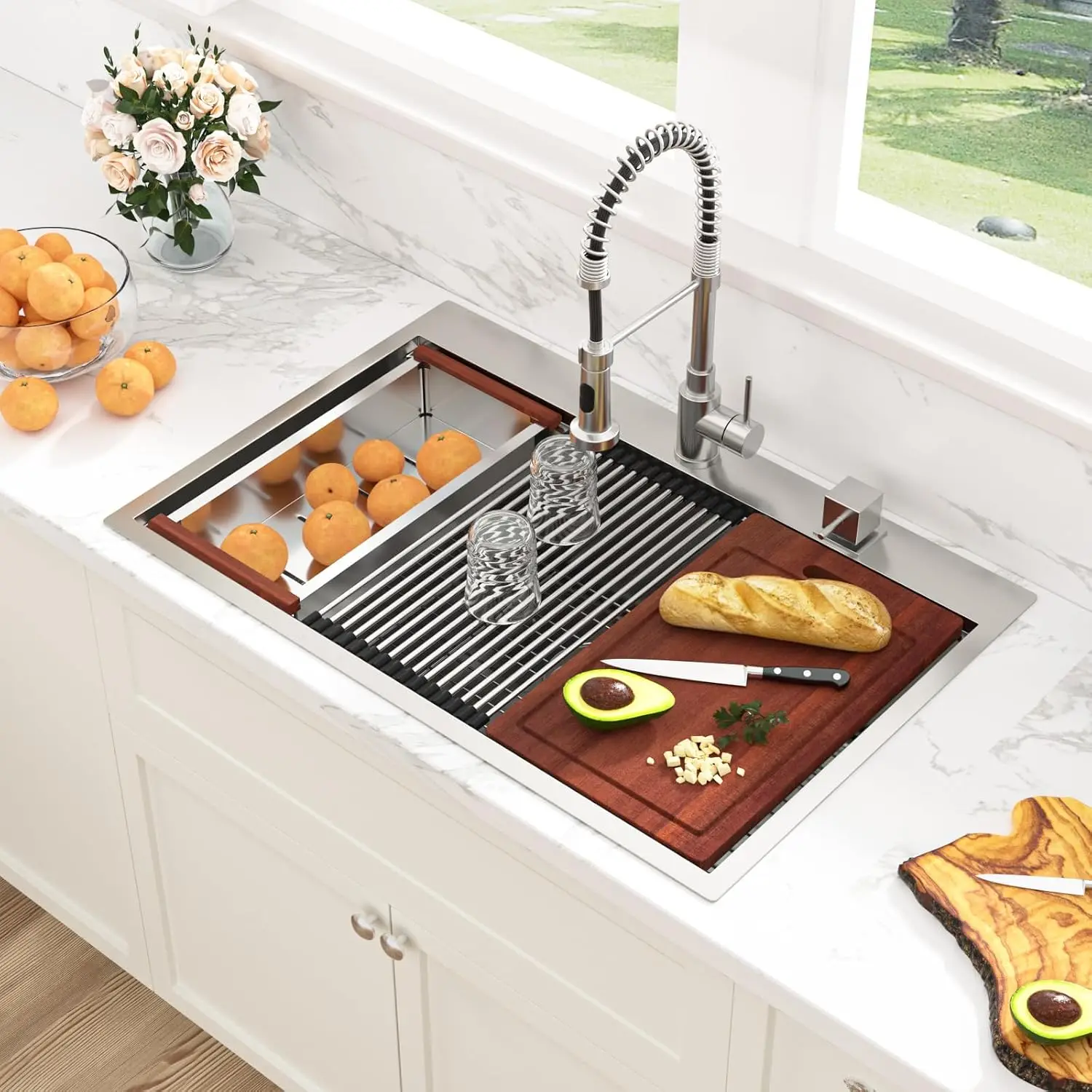 Drop In Kitchen Sink - 33x22 Drop In Kitchen Sink Ledge Workstation 16 Gauge Stainless Steel Topmount Deep Single Bowl Over Coun