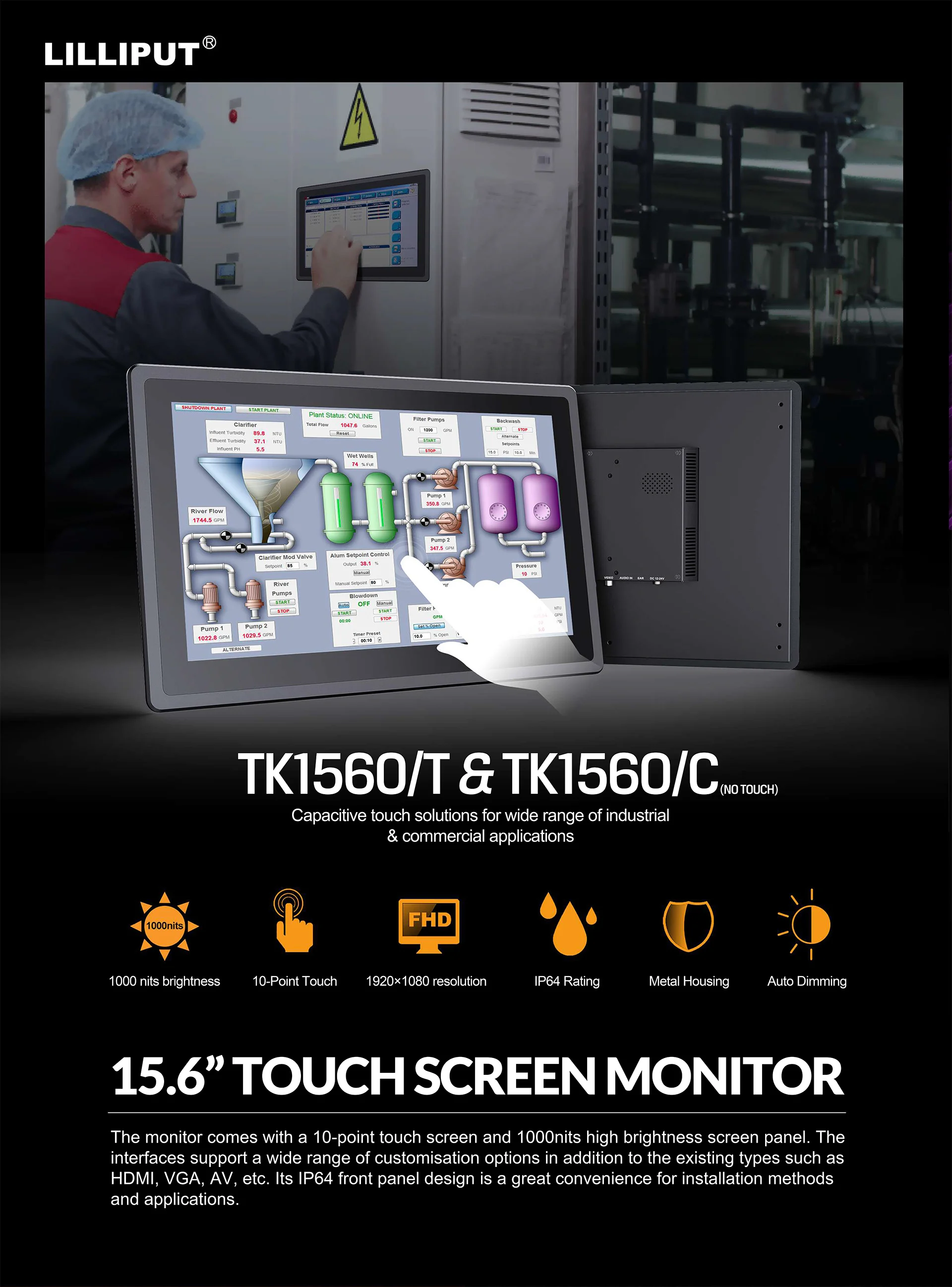 Outdoor Waterproof Capacitive Touch Screen Monitor IP64 Sunlight Readable High Brightness Display 15.6