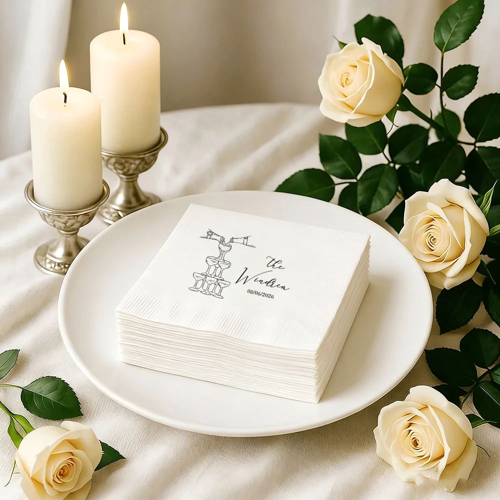 Personalized 50pcs Wedding Napkins Custom Standard/Coined Cocktail Napkins Engagement Bridal Shower Party Wedding Decoration