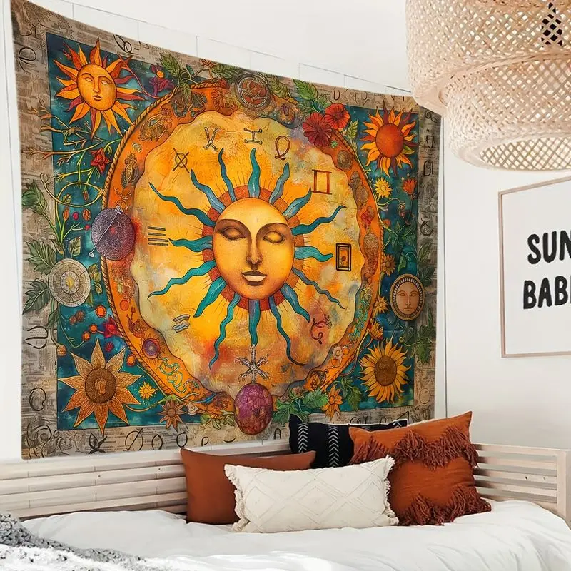 Astrological Sun Constellation Tapestry, Retro Mystical Tarot Wall Hanging, Zodiac Decor for Bedroom and Home Decor Background