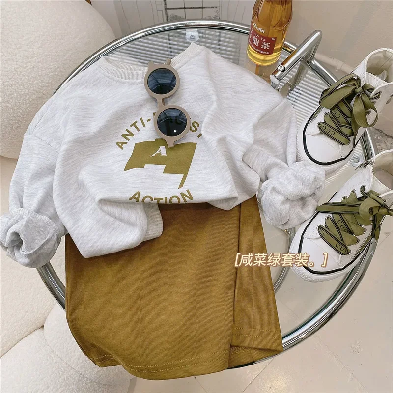 Two Pieces Spring Autumn Sport Wears Grey Letter Print Pullover Sweaters Sweatshirts Green Hip Wrapping Split Skirts