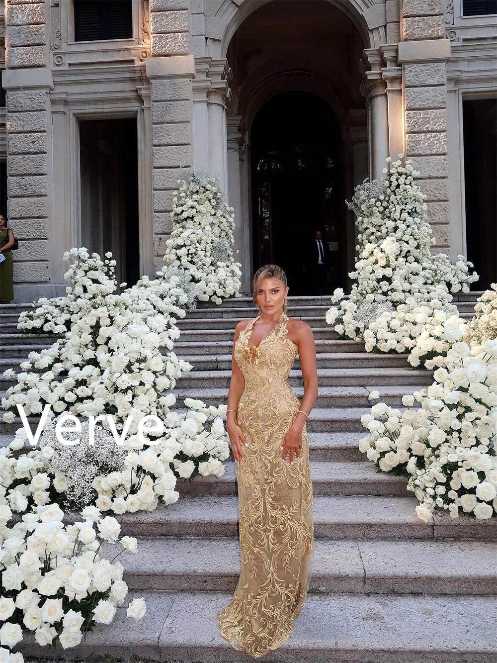 فساتين سهرة صفراء فاخرة مخصصة رائعة بدون أكمام فستان العودة للوطن فاخر سويب تراين فساتين المشاهير #3