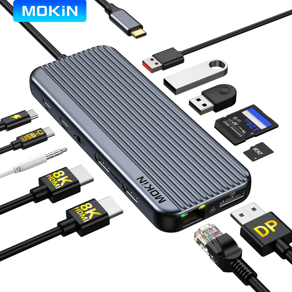 

MOKiN USB-концентратор, док-станция USB C на двойной 8K HDMI DP USB 3.1 RJ45 SD/TF Audio PD100W, адаптер-концентратор для MacBook Pro/Air Lenovo