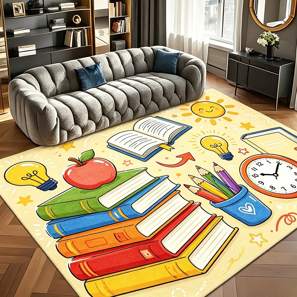 Book Stationery Printed Rug Colorful Apple Clock Lightbulb Star Pattern Floor Carpet for Indoor Living Space Bedroom Study Room