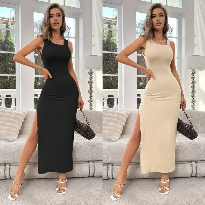 New Stylish Solid Color Slip Dress Thigh-high Slit Sexy Long Bodycon Dress Backless Evening Gown for Women Black Dress