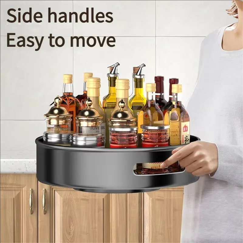 360 Rotating Stainless Steel Kitchen Condiment Organizer Large Capacity Side Handle Easy to Move Condiment Storage Rack