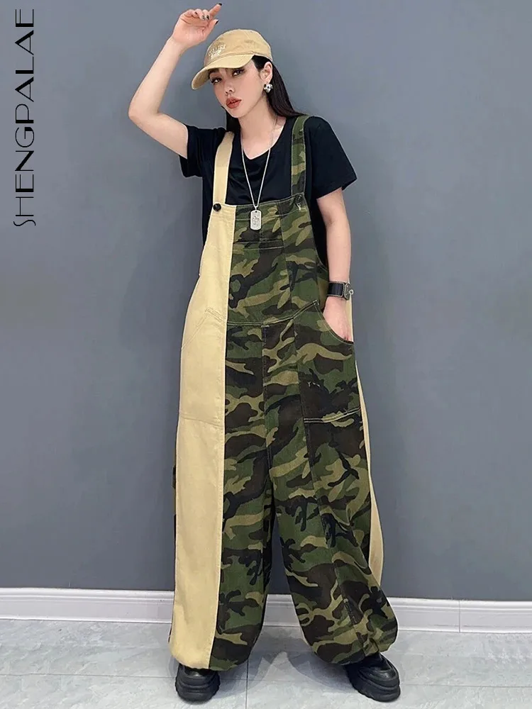 

SHENGPALAE Camouflage Patchwork Jumpsuits For Women Contrast Color Chic Niche Design Loose Female Overalls 2024 Autumn New R9453