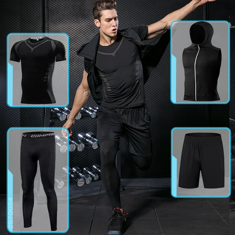 Men\'s Tight Sports Suit Gym Fitness Compression Tracksuit Running Sport Set Jogging Sportwear Workout Sports Clothing Rash Guard