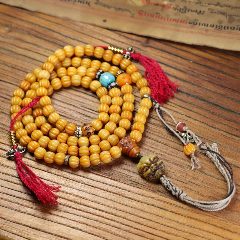Natural Melon Distressed Ox 108 PCs Tibetan Style Prayer Beads Necklace Yak Bone Ornament