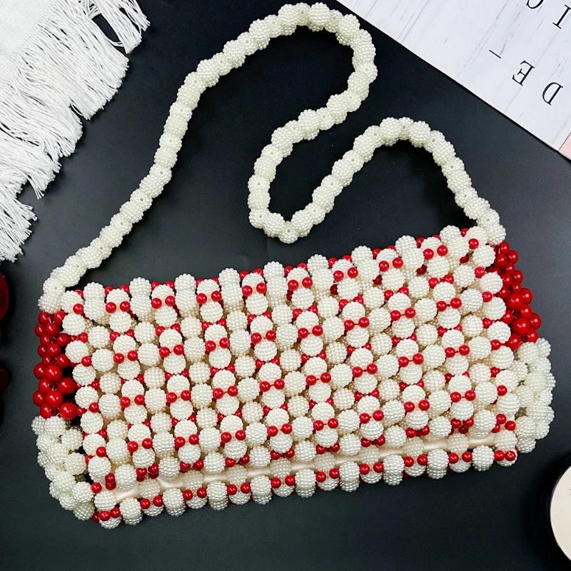 

French Retro-style Handcrafted Beaded Shoulder Bag White and Red Contrasting Color Handbag Summer Party Flip Cover Banquet Bag