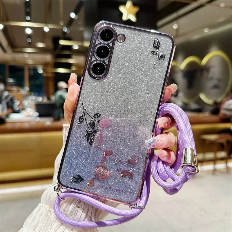 Custodia per cordino a tracolla per Xiaomi Redmi Note 12 Pro Plus Turbo 12C Mi 12 Lite 12S Ultra 12T Pro 12X Cover morbida per fiori glitterati