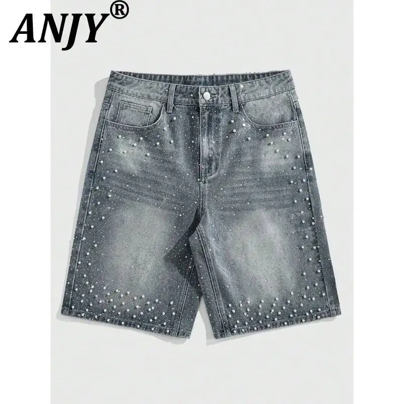 ANJY Spring Summer New Women Trend Fashion Heavy Diamonds Pearl Design Denim Shorts Stylish Loose Washed Distressed Jeans A25404
