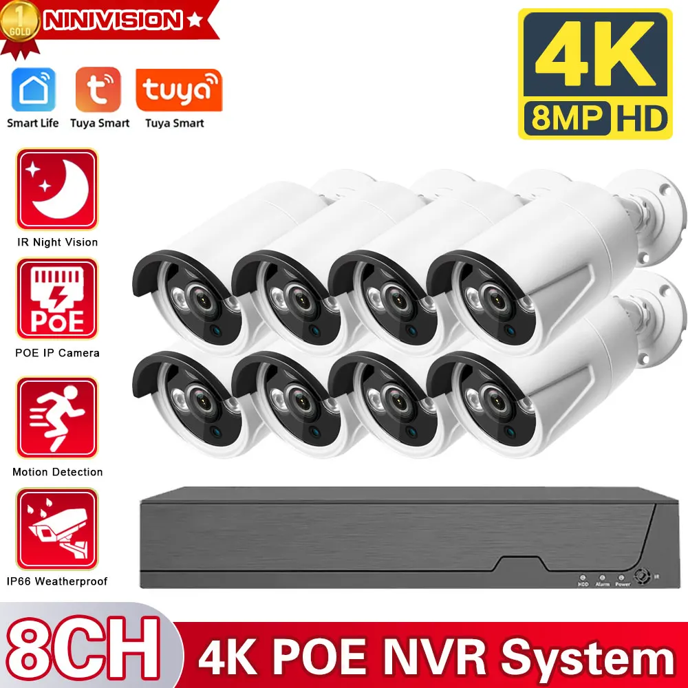 

TUYA 8CH POE NVR 8MP Ultra HD Video Surveillance System 4K IR Network POE Camera Built-in Mic IP67 Waterproof CCTV Security Kit