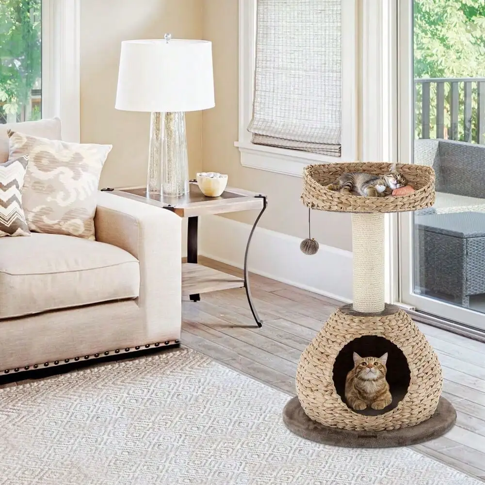 

28-дюймовый игровой домик из ротанга «Кошачье дерево» с платформой для прыжков и когтеточкой из сизаля