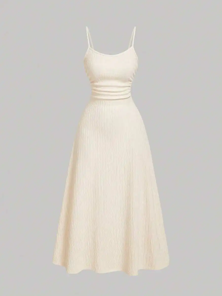 

Кремовое плиссированное платье-комбинация в рубчик на тонких бретелях, А-силуэт, миди, для весны