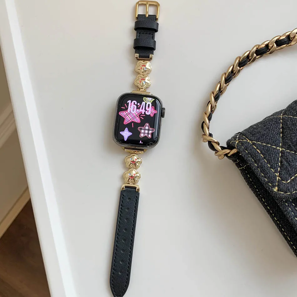 سوار أنيق من الجلد المعدني لساعة Apple Watch Series 11 10 9 8 7 6 SE 5 4 3 2 UItra iWatch 49 مم 46 مم 45 مم 44 مم 42 مم 41 مم 40 مم 38 مم أحزمة سوار زهرة وجه مبتسم