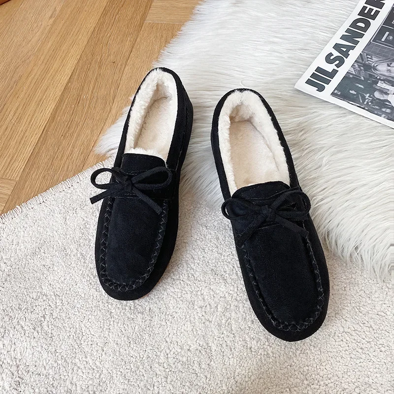 2023 Women's Shoes Bow Mother Shoes Women Fall and Winter New Soft Soled Slip-on Flat Heels Plus Cashmere Women's Unpaired Shoes