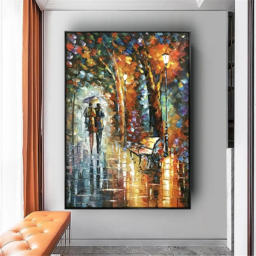 Abstract Painting Lover Walking In Street Canvas oil Paintings on The Wall Autumn Landscape Wall Pictures for Living Room decor