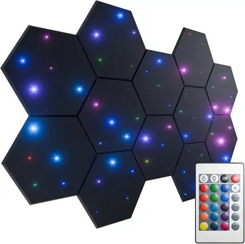 12 Pack Self-adhesive Hexagon Acoustic Foam Panels with Fiber Optic Starlight, Noise Absorbing Wall Decor Black
