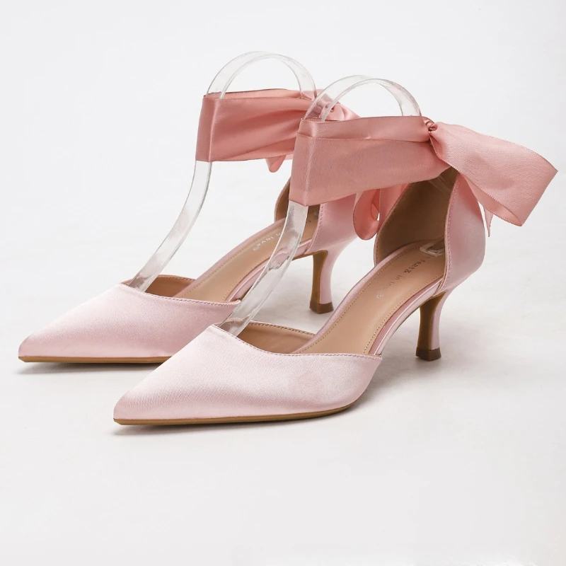 

Luxury Satin Designer Heels for Ladies Bridal Pumps Sexy Pointed Toe Ribbon Cross Strap Dress Shoes Elegant Party Evening Sandal