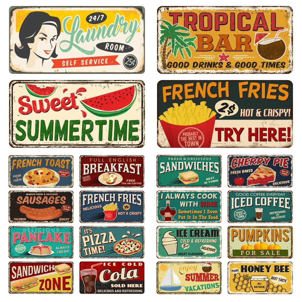 

Vintage Backyard Bar Metal Tin Sign, Retro Yummy Pizza Plaque, French Fries Fast Food Poster, Honey Sweet Bee Home Decor WY290