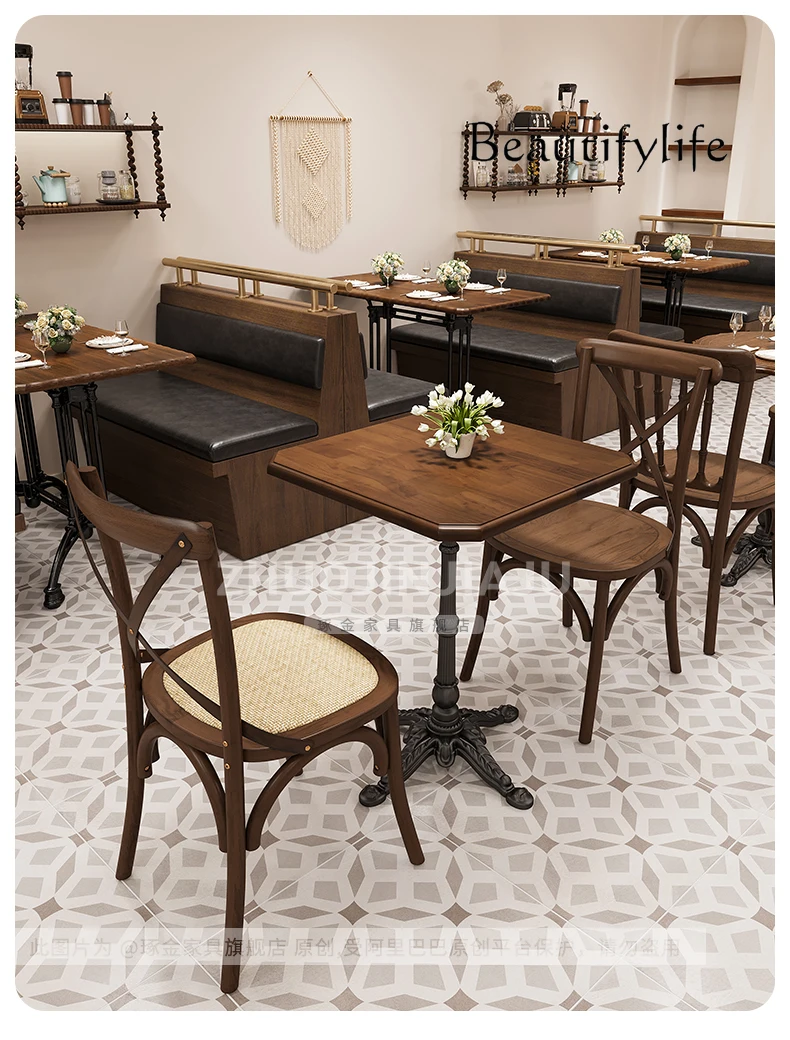 N40 card seat solid wood table and chair combination catering custom American retro coffee shop commercial dining table chair