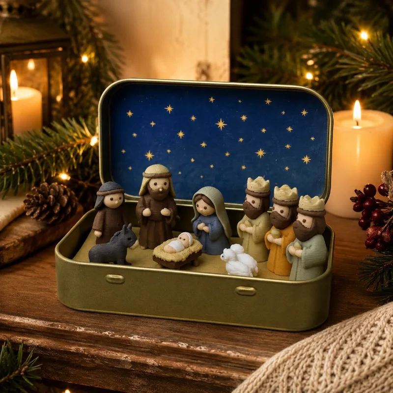 Pocket Mini Nativity Figurine Set with Metal Box, Portable Christian Desktop Christmas Ornament Souvenir