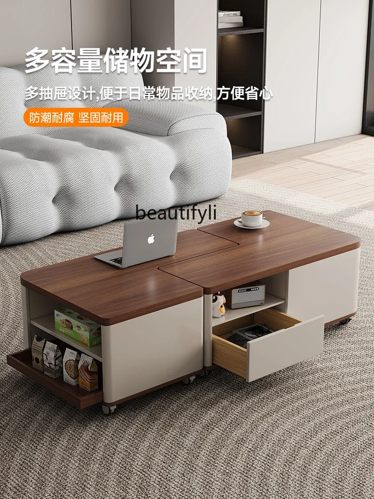 X188Mobile Function Coffee Table Minimalist Designer Model Modern Living Room Home Solid Wood Walnut Color Antique Style