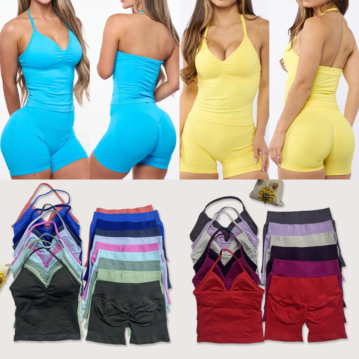two Pieces Gym Set seamless Yoga outfits Women Longline Strappy Top and Scrunch shorts Fitness Clothes Outfit Workout Set