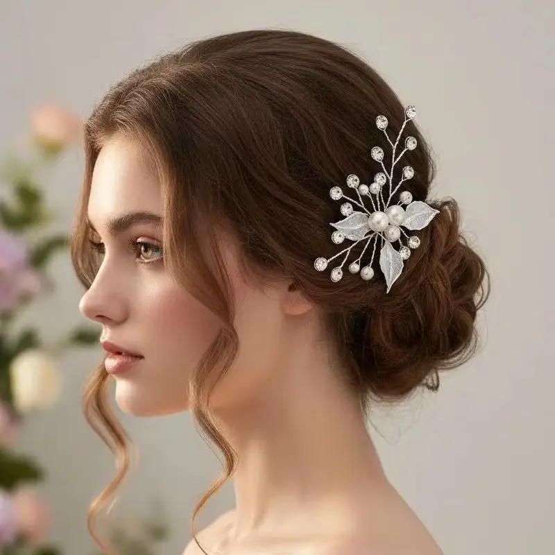 Fairy Style Silver Leaf Bridal Hairpin Romantic White Pearl Wedding Hair Jewelry Sparkly Rhinestone Headpiece for Women Prom