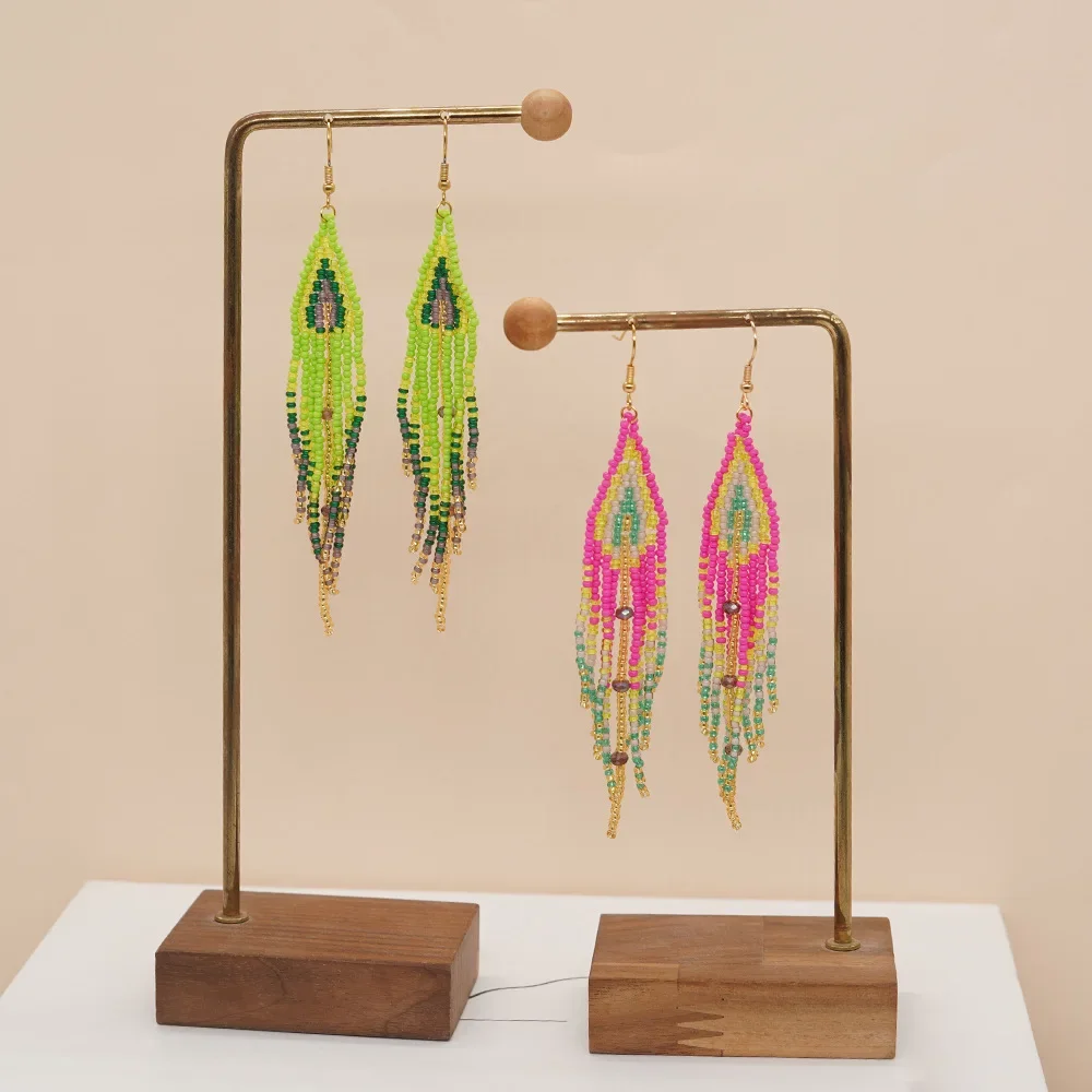 ZGMXR Rice bead earrings Tassel Originality Design Flowers Rhomboid Bohemia Hand knitting Symmetry Fashion Beaded earrings