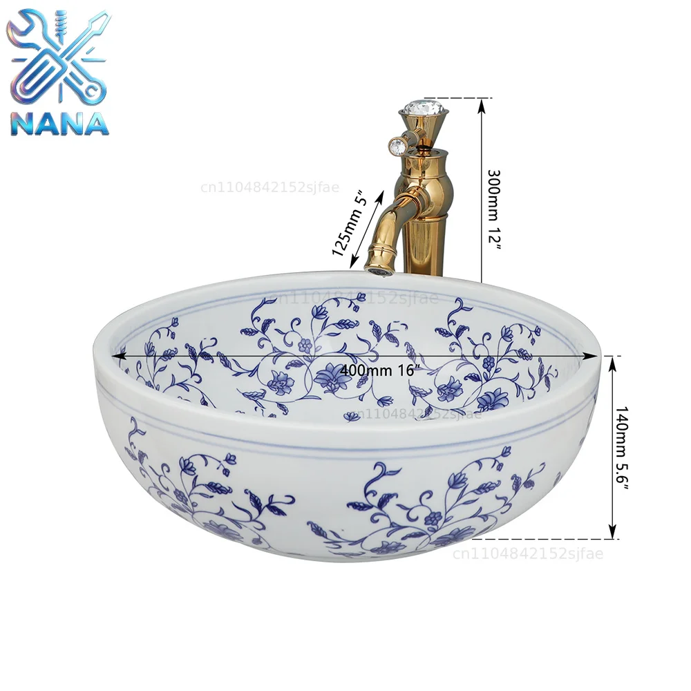 ZAPPO Bathroom Basin Sink Faucet Combo Ceramic Round Wash Basin Bathroom Washbasin Hand Painted Vessel Sink bathroom sinks