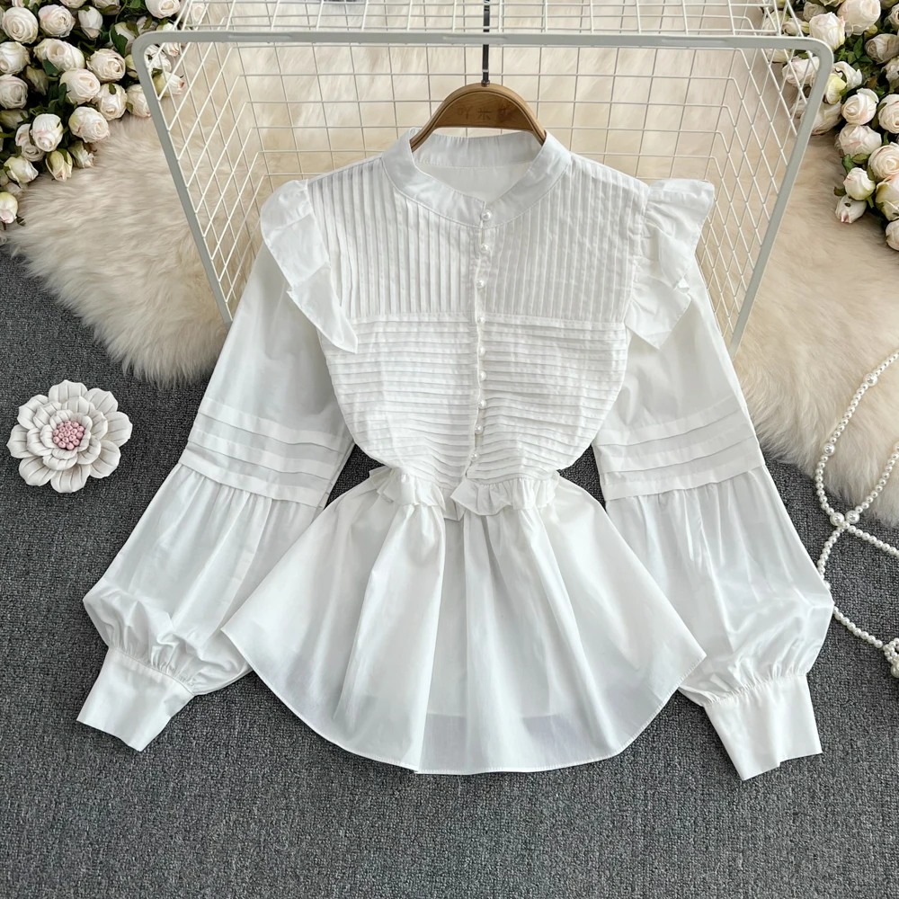 بلوزة Sweet Girl irt النسائية فضفاضة طويلة Sve بيضاء علوية ربيعية Faion كورية Sle مستديرة Ne زر التفاصيل