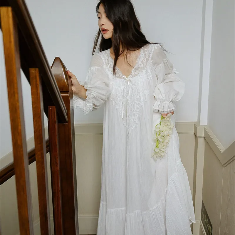 

Vintage Embroidery Cotton Women's Long Nightgowns Luxury Lace Sleepwear Elegant Loose Nighty Spring Autumn Delicate Dress