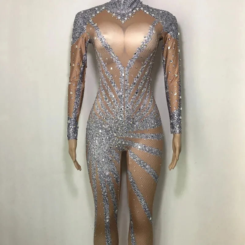 Sparkly Rhinestones Long Sleeve Jumpsuit Nightclub Elastic Leotard  Stage Wear Women DJ Dancer Performance Rave Dance Costume