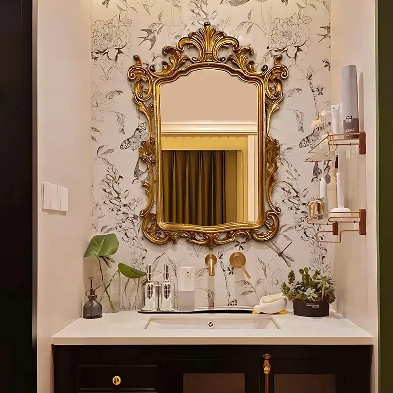 

European retro bathroom mirror wall hanging bathroom carved dressing mirror French special-shaped, entrance decorative mirror