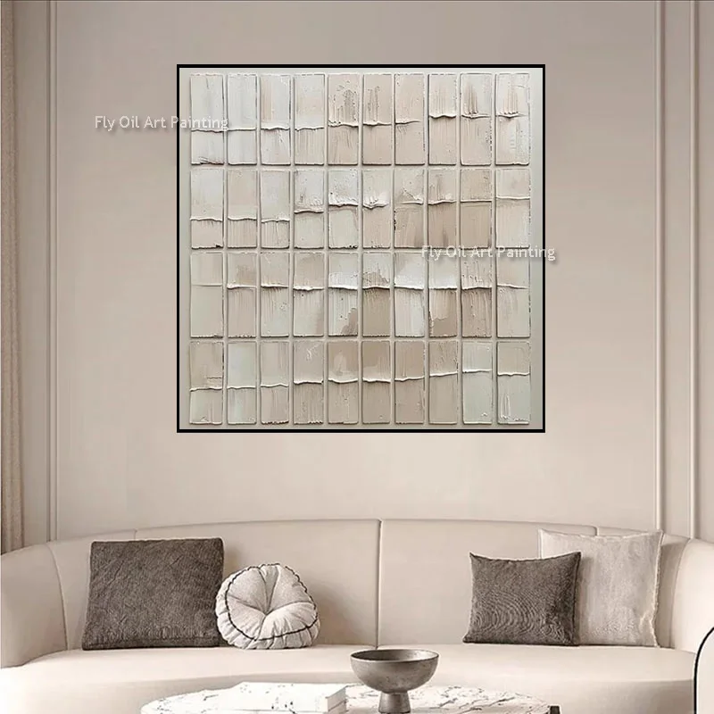 Muted Neutral Square Grid Canvas, Hand‑Painted Impasto Oil Painting, Wabi‑Sabi 3D Textured Modern Wall Decor